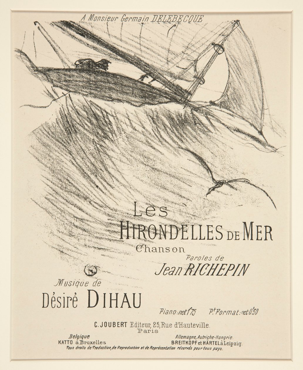 LES HIRONDELLES DE MER - 印刷された音楽作品の表紙 (ディハウの音楽に合わせたリシュパンの詩) 作： アンリ・ド・トゥールーズ・ロートレック