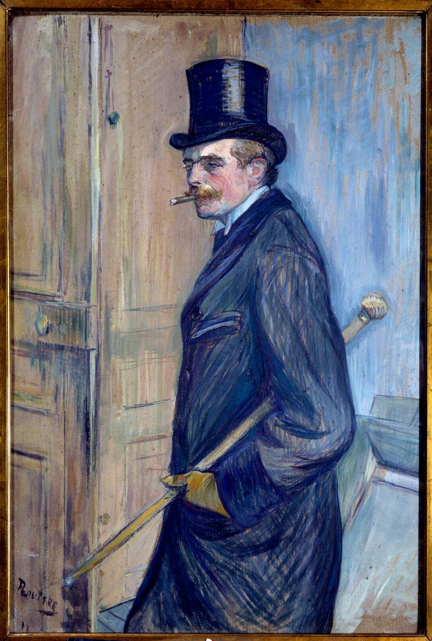 ルイ・パスカル（1864-1901）の肖像 画家のいとこがトップハットをかぶり、杖をついて煙草を吸っている姿が描かれています。アンリ・ド・トゥールーズ・ロートレック（1864-1901）の絵画 1891年 日。0,81x0,54 m アルビ。Musee Toulouse Lautrec - ルイ・パスカル（1864-1901）の肖像。 作： アンリ・ド・トゥールーズ・ロートレック