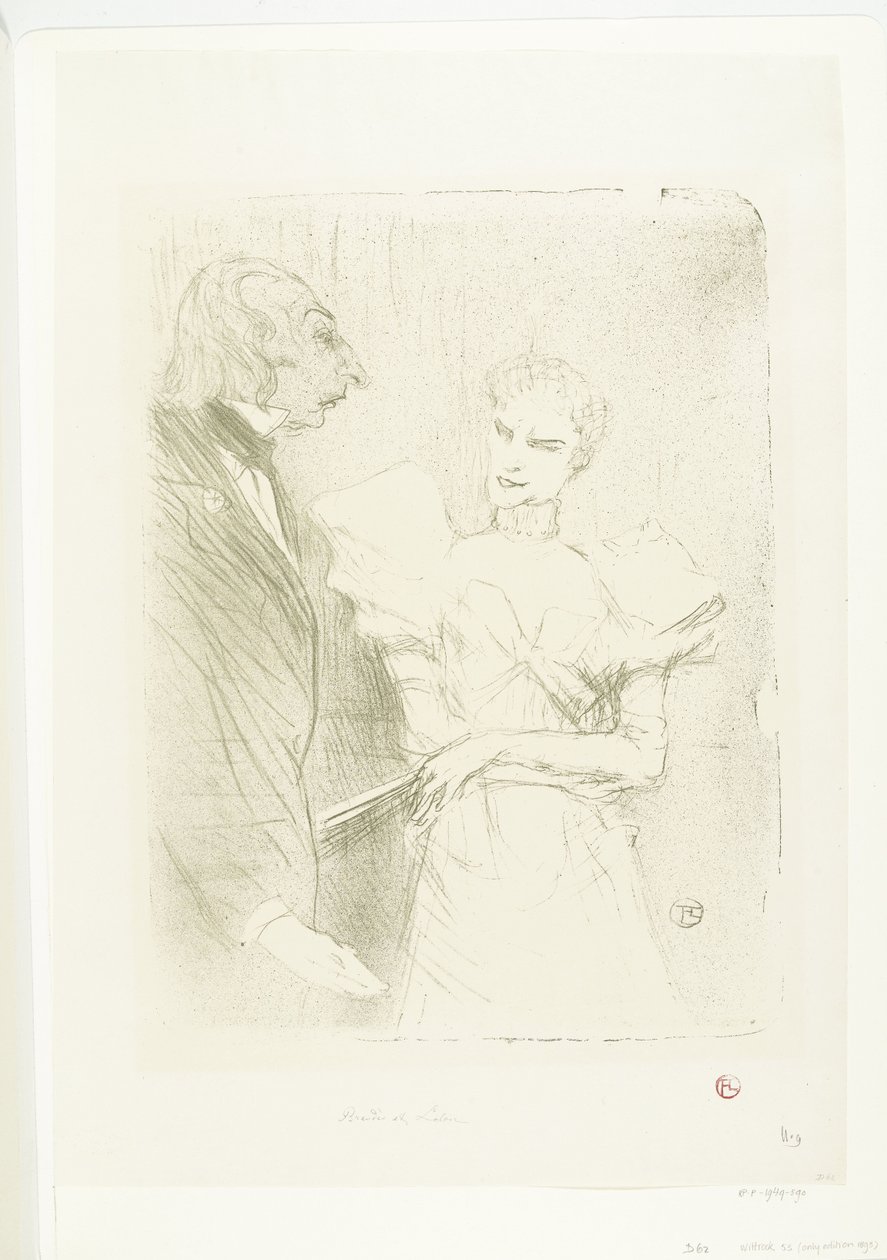 Portret van 女優 Marthe Brandès が俳優 Louis-Pierre Leloir として、tonelstuk Les Cabotins で カボタンのブランデスとルロワール 作： アンリ・ド・トゥールーズ・ロートレック