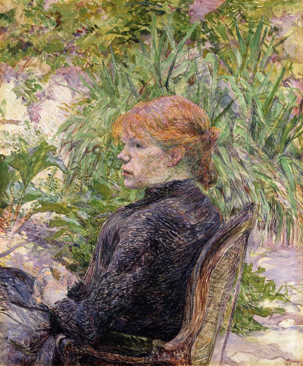 1889年の氏の庭に座っている赤毛の女性 作： アンリ・ド・トゥールーズ・ロートレック