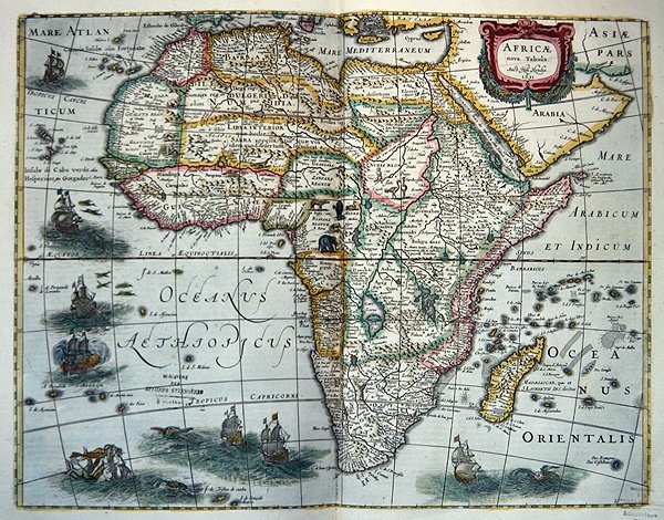 1631年にアムステルダムで出版された「Nova Tabula Africae」のアフリカ地図（彩色された彫刻）。 作： ヘンリクス・ホンディウス
