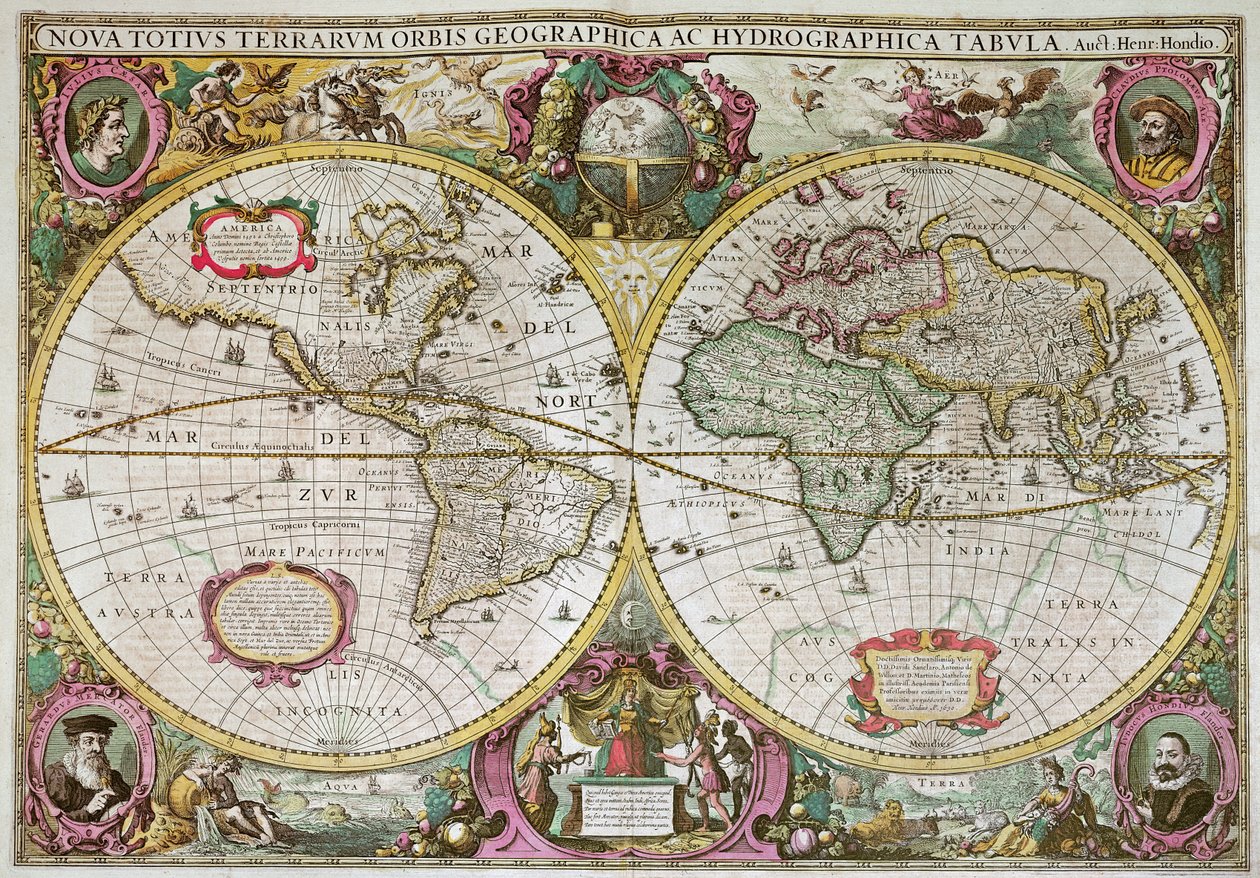 地球全体の新しい土地と水の地図、1630 作： ヘンリカスホンディウスII