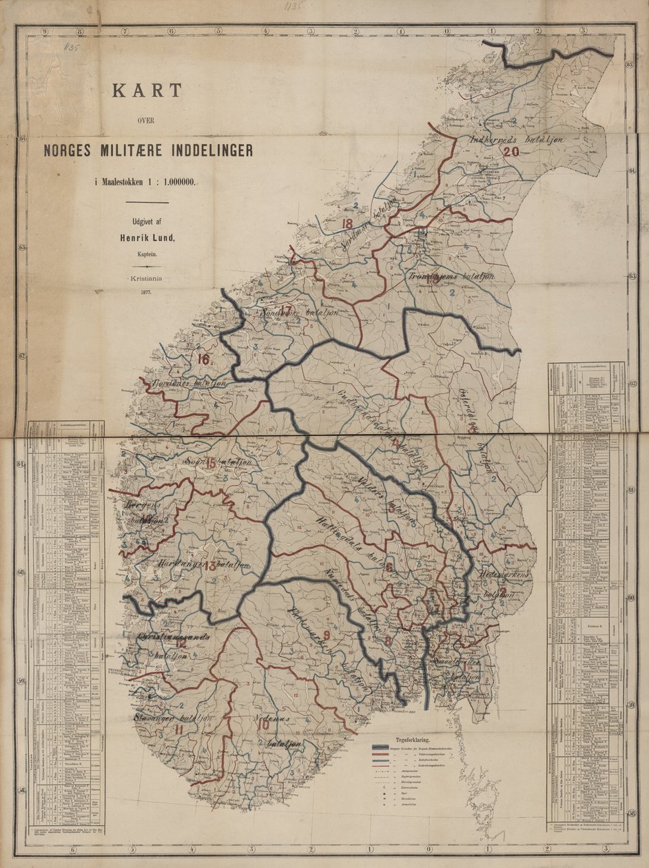 国立図書館の地図コレクションからの地図。マップはクリスティアニア（1877）で公開され、ノルウェーを示しています。 作： ヘンリック・ランド