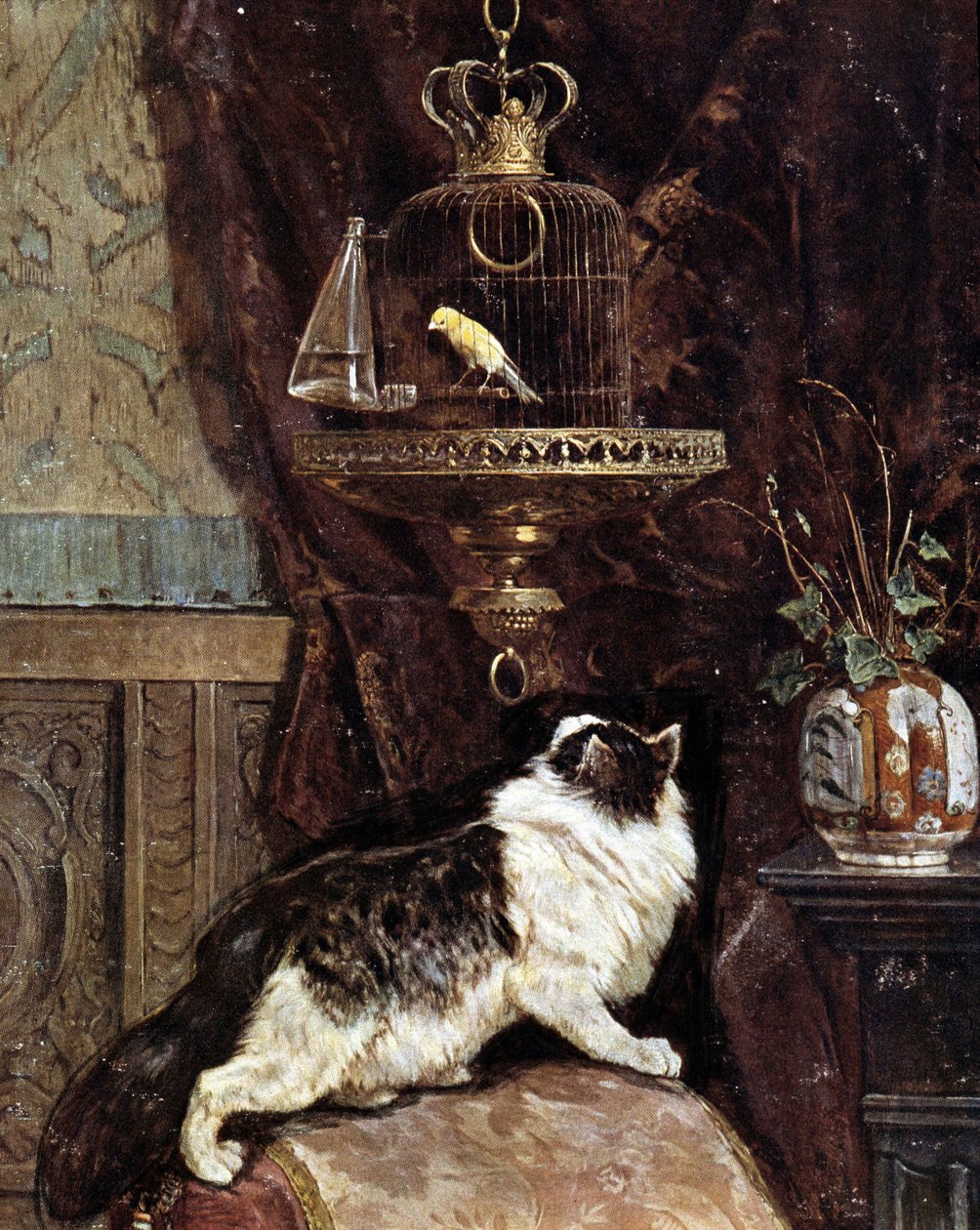 ケージの中の鳥を覗く猫 - Henriette Ronner氏 作： アンリエットロンナーニップ