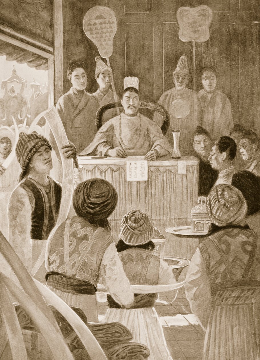 シャム使節は中国の天皇に敬意を表して、「ハチソン国の歴史」からの挿絵、1910年頃 作： ヘンリー・チャールズ・セッピングス・ライト