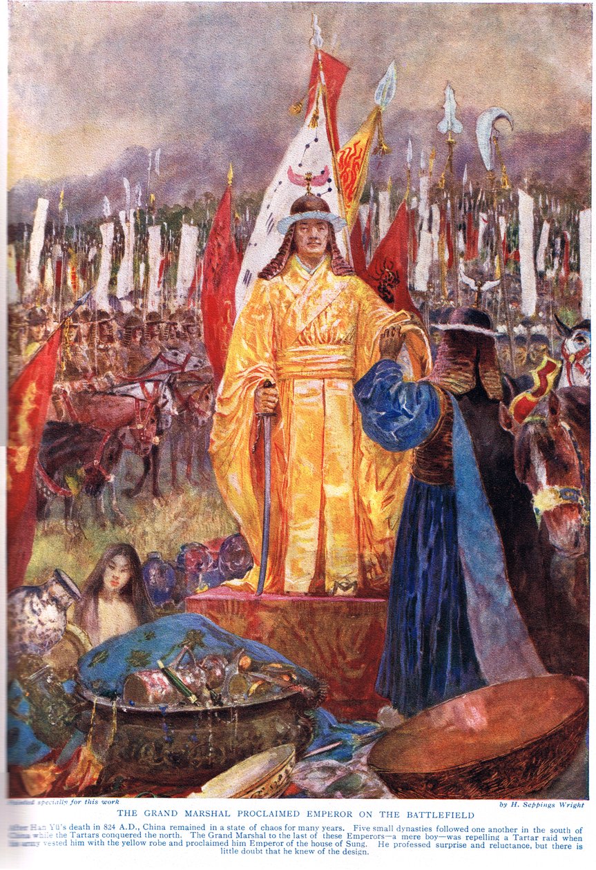 大元帥が戦場で皇帝を宣言した、「ハチソンの歴史」のイラスト、c.1920 作： ヘンリー・チャールズ・セッピングス・ライト