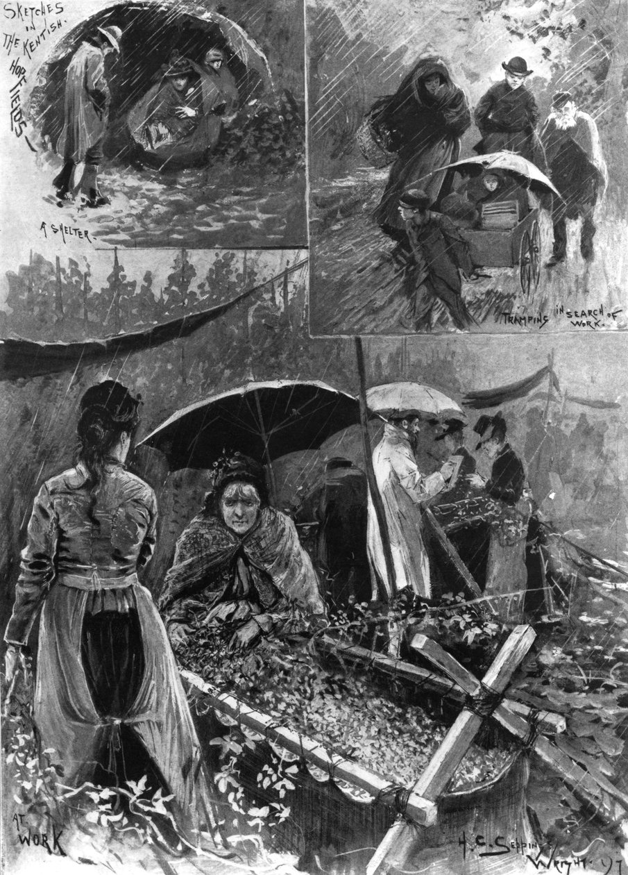 1897年9月11日の「The Illustrated London News」からケントで苦しめられたホップピッカーが登場 作： ヘンリー・チャールズ・セッピングス・ライト