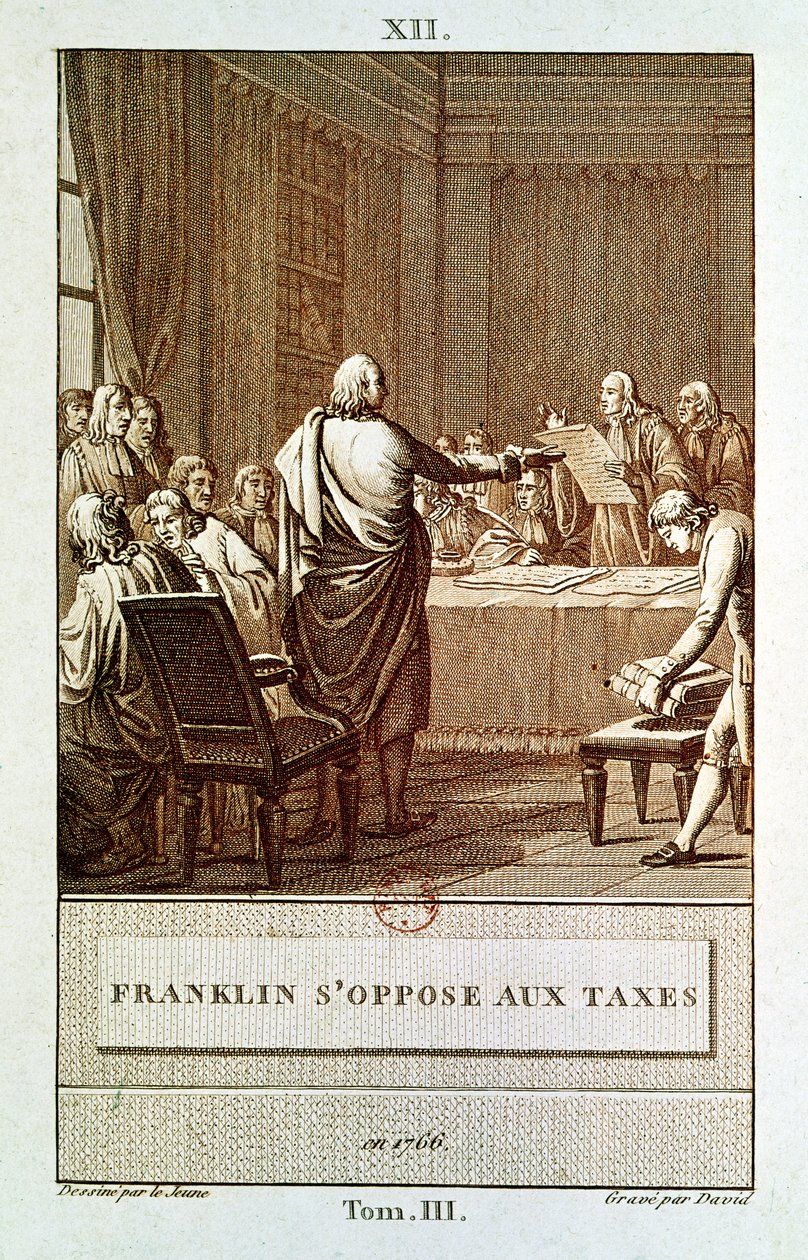デイビッドによって刻まれた1766年の税に対する彼の反対を提示するベンジャミンフランクリン 作： ヘンリー・ル・ジュヌ