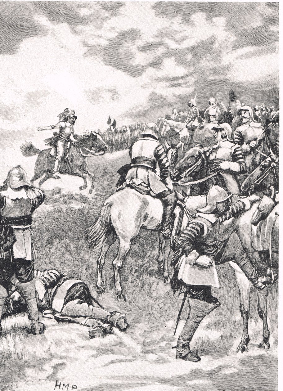 チャールズ1世、1645年6月14日のネイスビーの戦い、「陸と海のイギリスの戦い」のイラスト、ロンドン、カッセル発行、1910年 作： ヘンリー・マリオット・パジェット