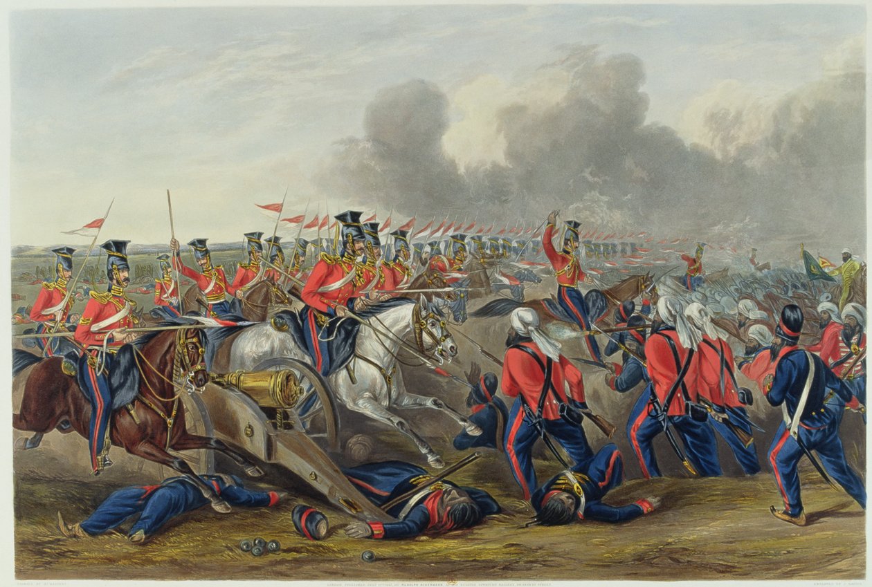 1846年1月28日のアリワルの戦いでの第16回（クイーンズオウン）ランサーのチャージ（カラーアクアチント） 作： ヘンリー・マルテンス