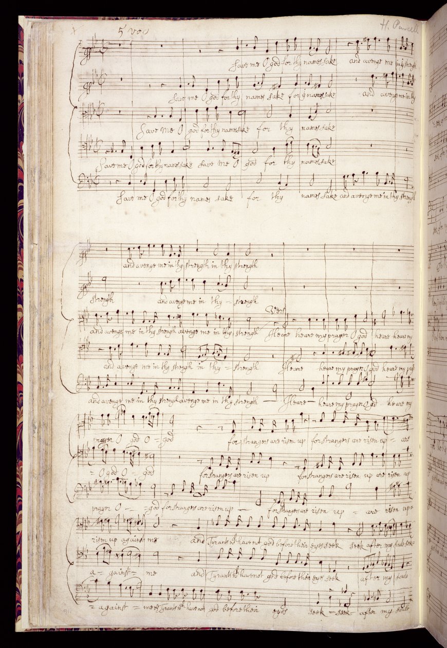 Mu Ms 88、f.27v：作曲家自身の手による英語の国歌のアンソロジーからの「Save me O God」、c.1670-80（紙にインク） 作： ヘンリー・パーセル
