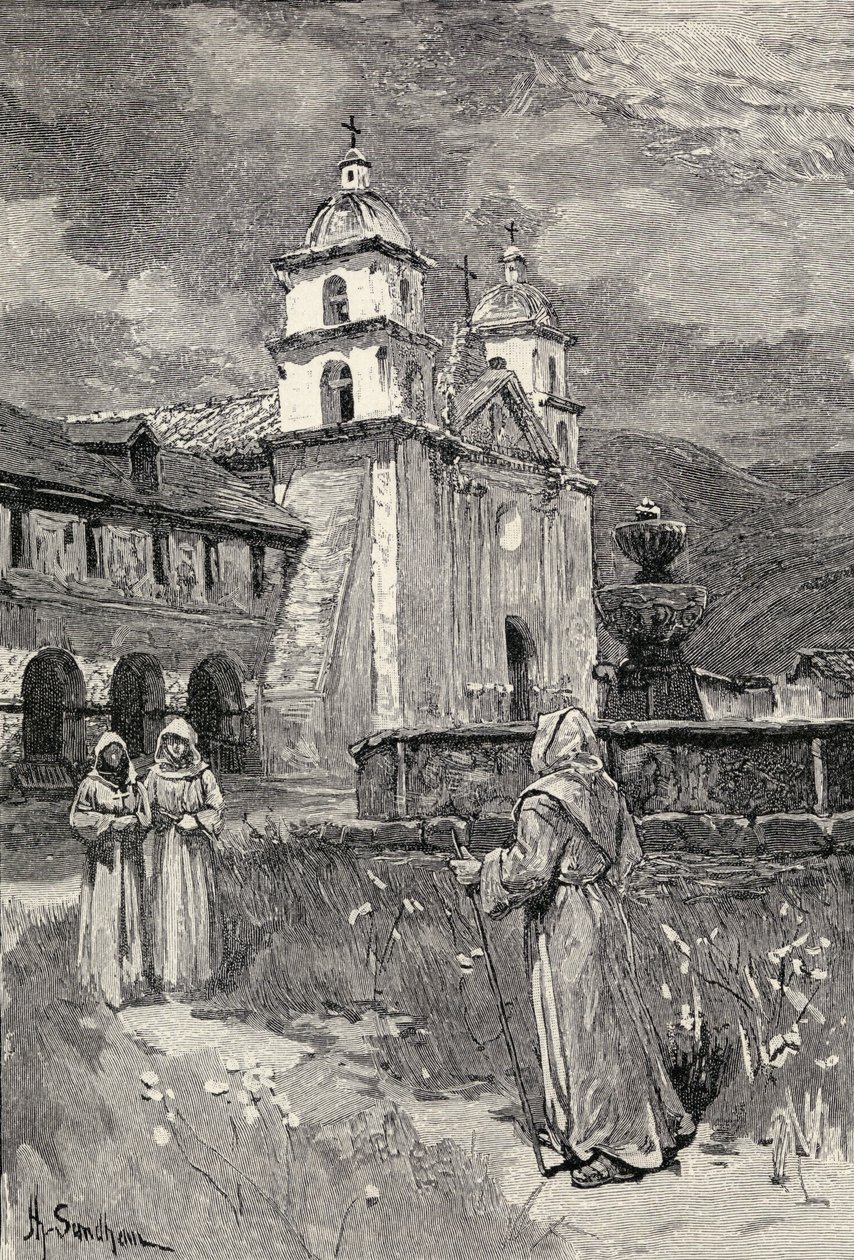 噴水と使命、カリフォルニア州サンタバーバラ、「The Century Illustrated Monthly Magazine」から1883年5月〜10月 作： ヘンリー・サンドハム