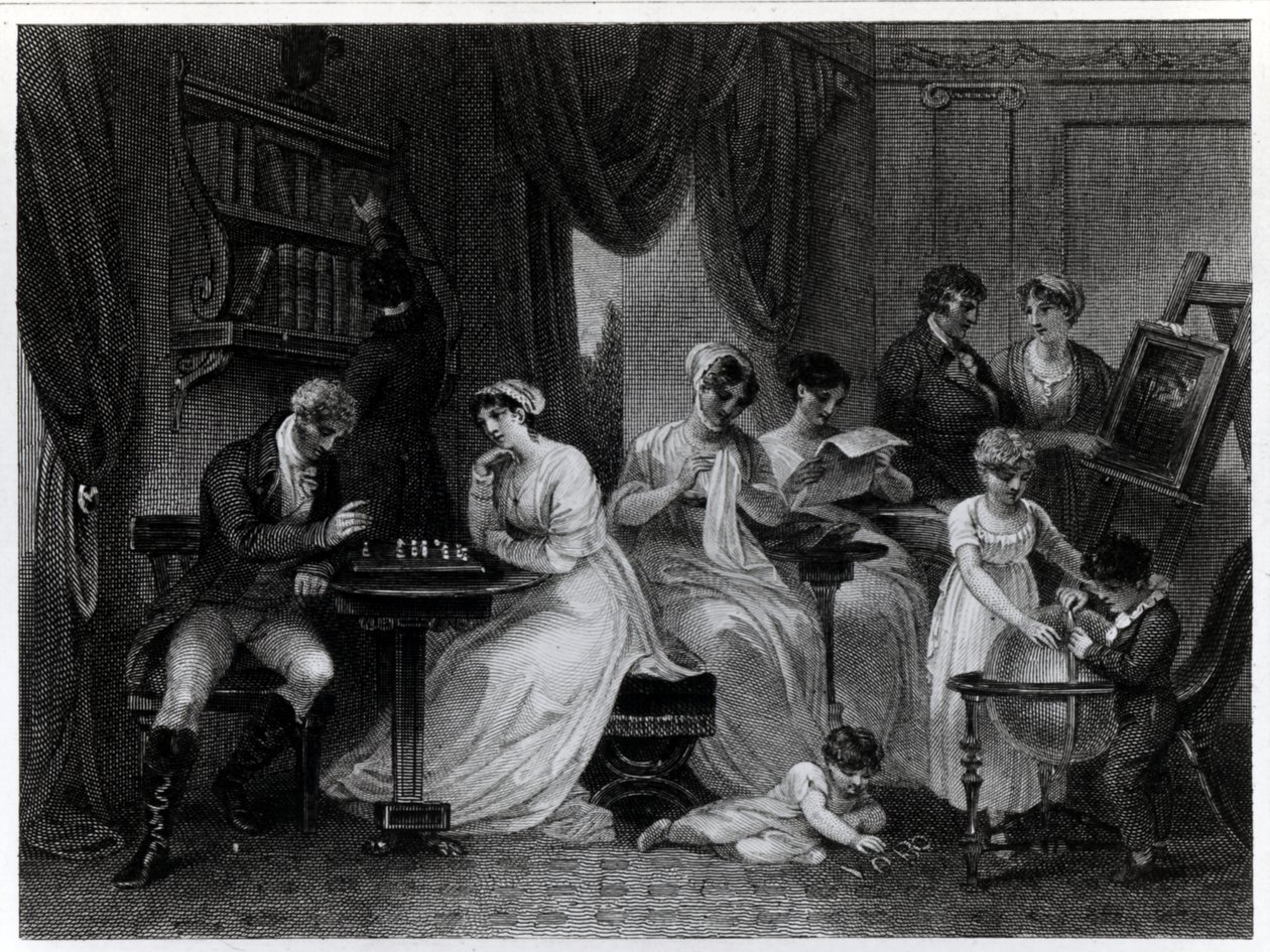 アンカールーム（1759-1819）によって刻まれたピーターコクセの「The Social Day」の応接室シーン、1822年公開 作： ヘンリーシングルトン