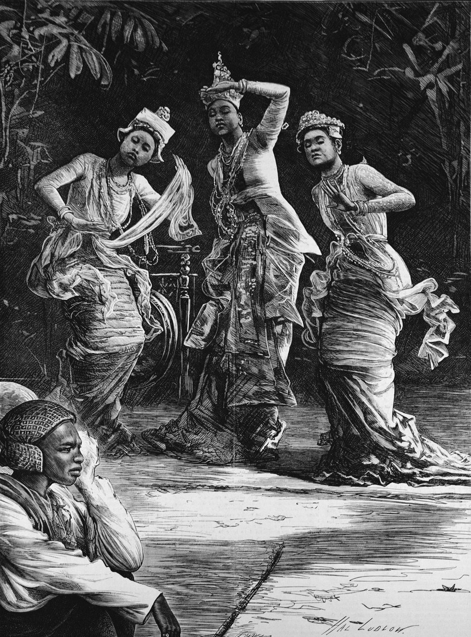 彼らがインドの総督の前にラングーンで演奏したビルマのバレエ少女、1882年2月18日の「The Illustrated London News」より 作： ヘンリー・スティーブン・ラドロー