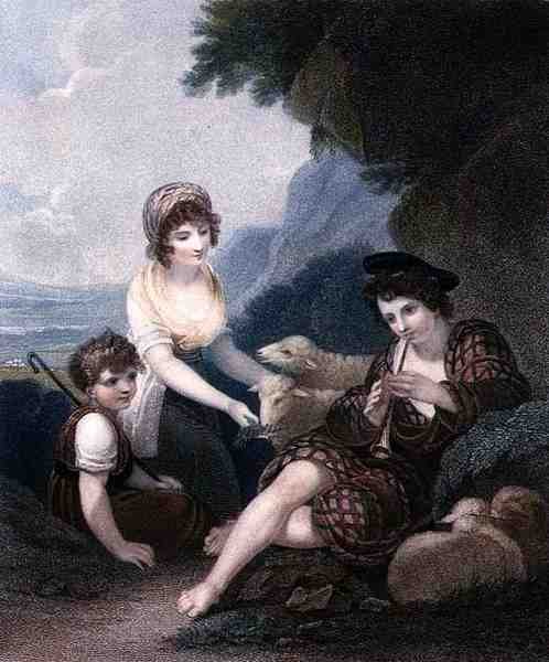 アンソニー・カードン（1772-1813）が彫って出版した「素朴な吟遊詩人（The Rustic Minstrel）」。 作： ヘンリー（後）シングルトン