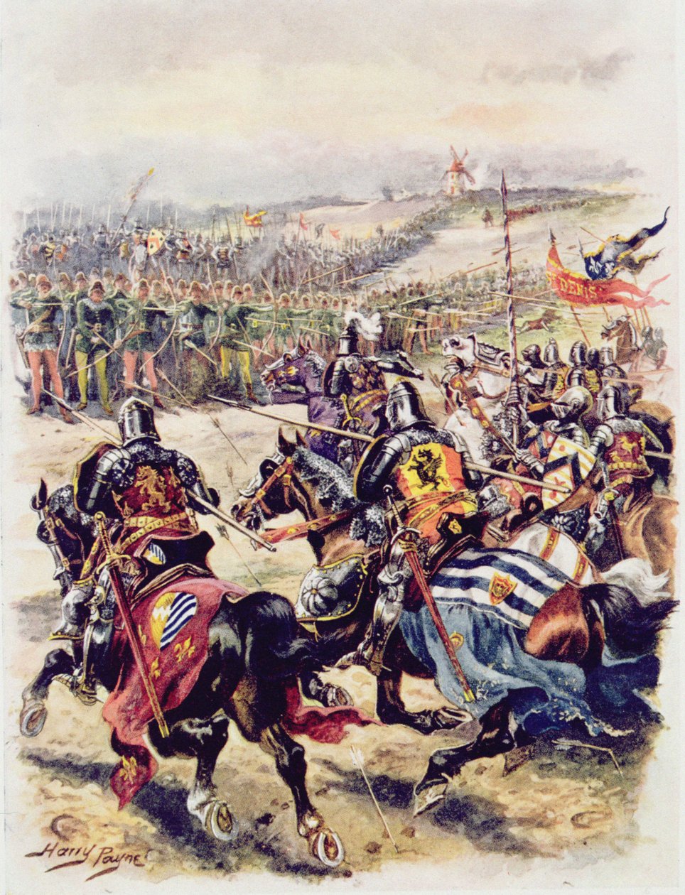 フランス騎兵隊の突撃、1920年代のCHウィリー少佐による「英国史の栄光の戦い」のイラスト 作： ヘンリー・A・ペイン