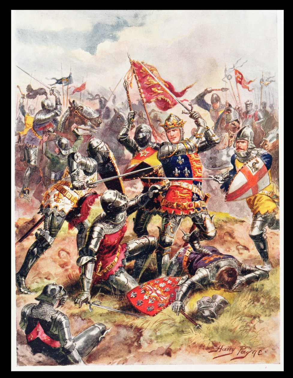 ヘンリー5世王（1387-1422）英雄的な勇気と戦う、1920年代のCHウィリー少佐による「英国史の栄光の戦い」のイラスト 作： ヘンリー・A・ペイン