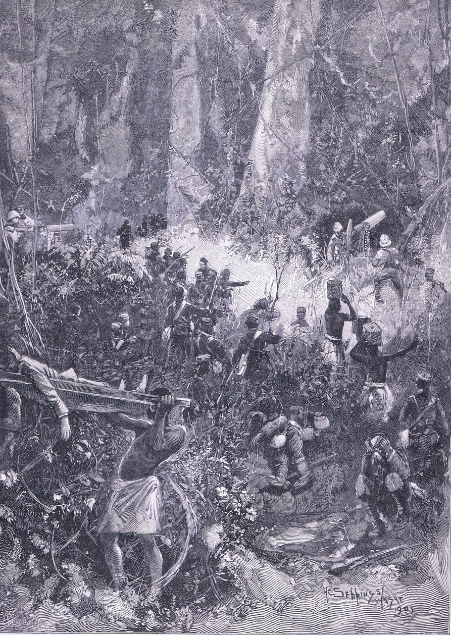 アシャンティ戦争1900：森での戦い、1900年代イギリスのカッセルの歴史のイラスト 作： ヘンリー・チャールズ・セッピングス・ライト