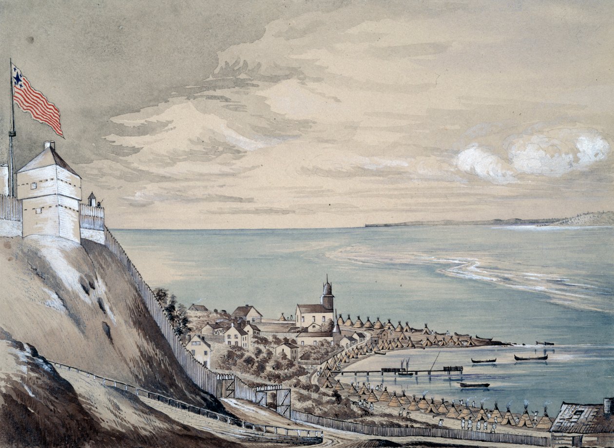 マキナウの砦と村、1842年9月、インドの野営地（紙にトイレ） 作： ヘンリー・フランシス・エインズリー