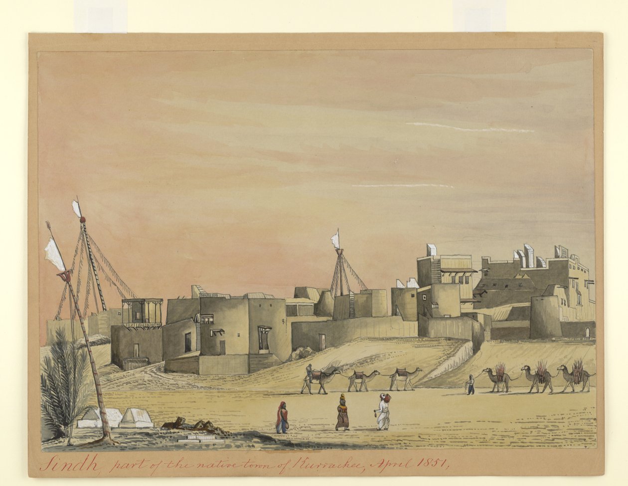1851年4月、クラチー（カラチ）の先住民の町の一部（紙に水彩） 作： ヘンリー・フランシス・エインズリー