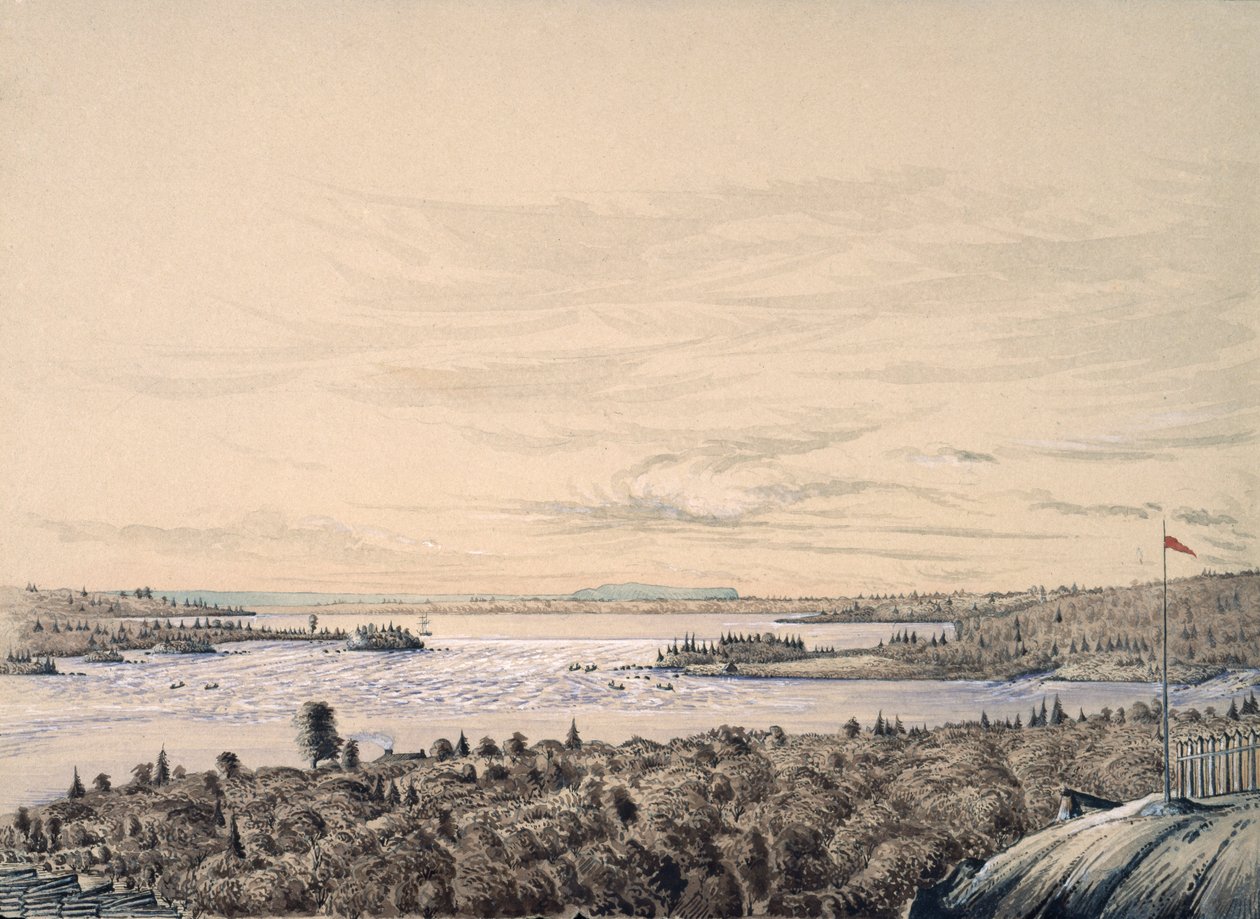 Sault de Ste。ヒューロン湖とスペリオル湖の間のマリー、1842年（紙にトイレ） 作： ヘンリー・フランシス・エインズリー