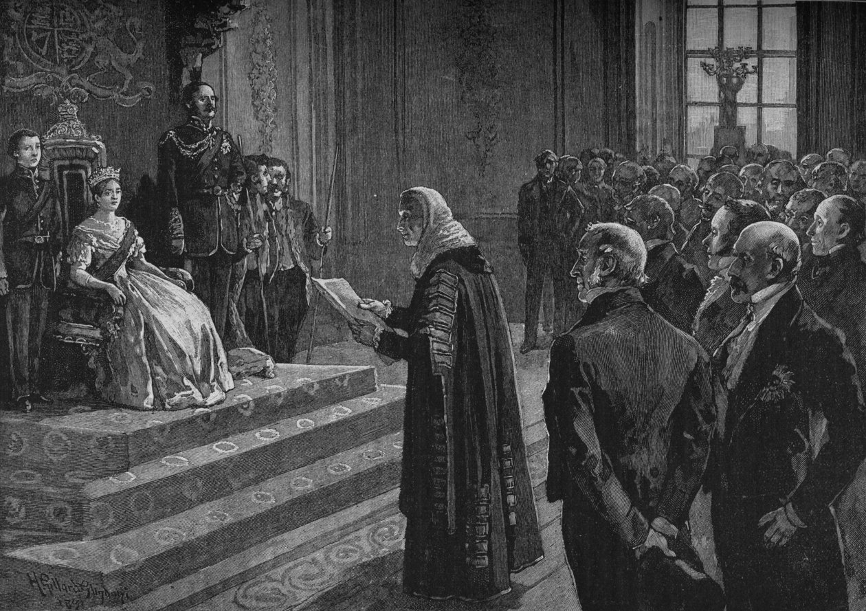 クリミア戦争の前夜、1891年に女王に愛国的な演説を行った仲間と庶民 作： ヘンリー・ジラード・グリンドーニ