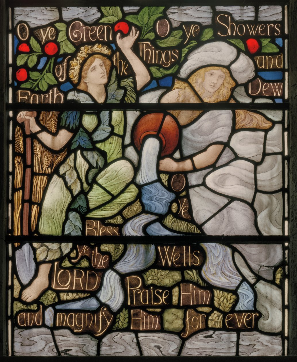 O Ye Green Things、ベネディサイトウィンドウの詳細、c.1895（ステンドグラス） 作： ヘンリーホリデー