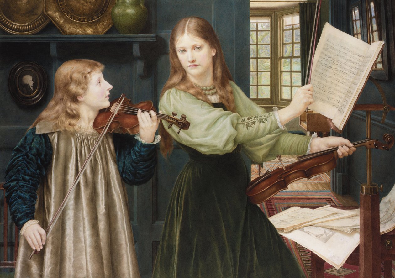 ラファエル前派の絵画。Duet par Holiday, Henry (1839-1927).厚紙に水彩画、78x108。個人蔵 作： ヘンリーホリデー
