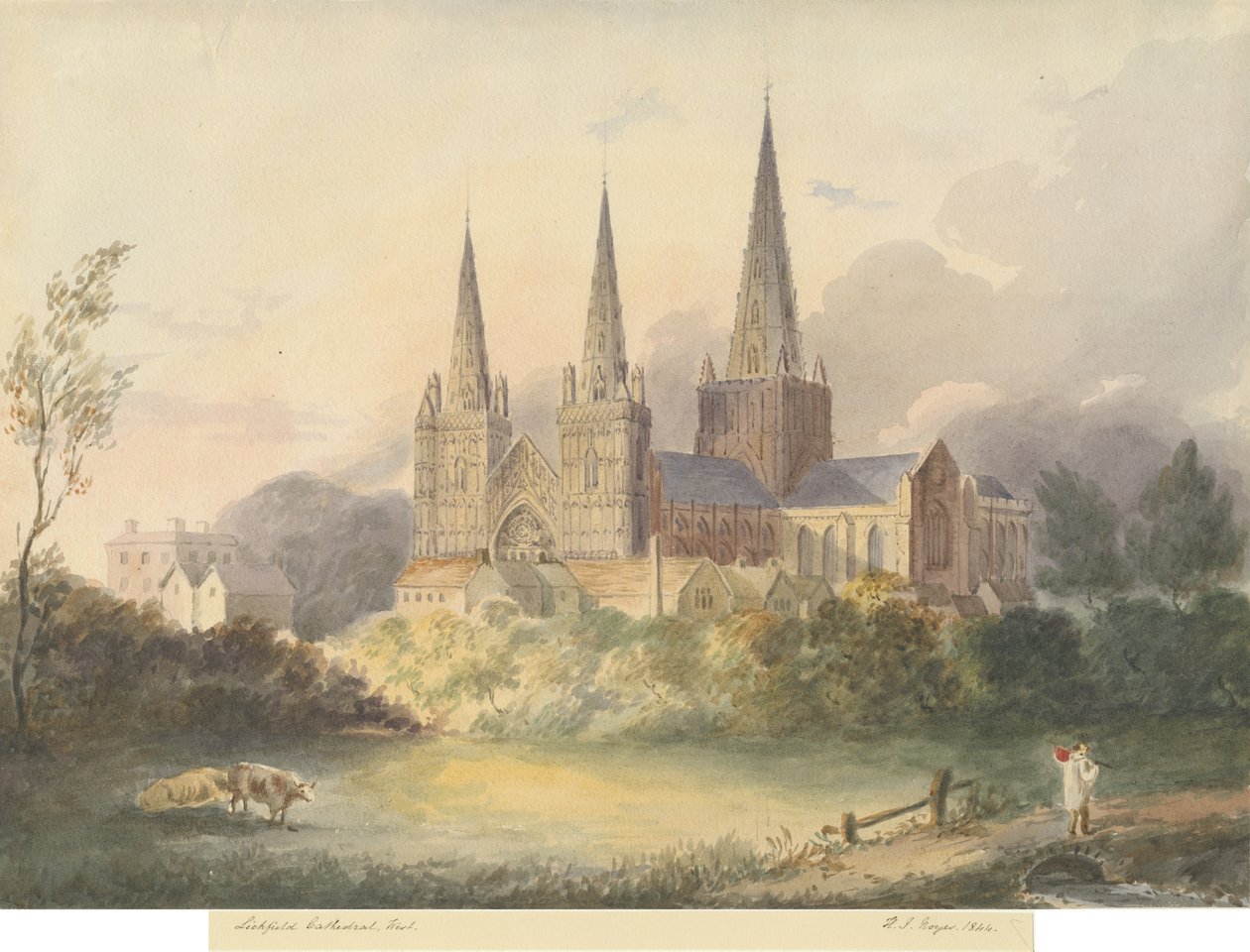 リッチフィールド大聖堂-ウェストビュー：水彩画、1844 作： ヘンリー・ジェームズ・ノイエス