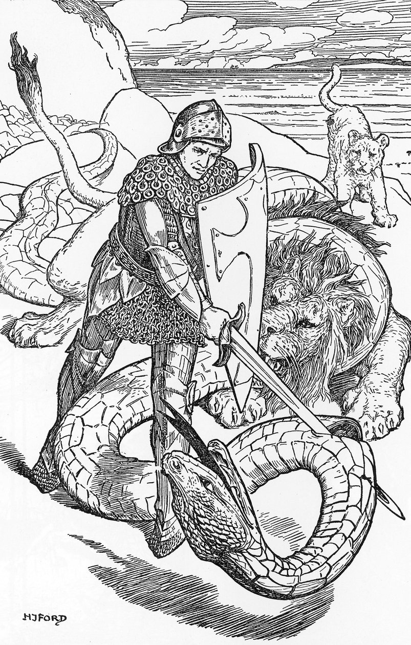 Percival fightint the serpent HJ Fordin (1860-1940) kuvitus teoksesta "The book of Romance" 1902 Yksityinen kokoelma 作： ヘンリージャスティスフォード