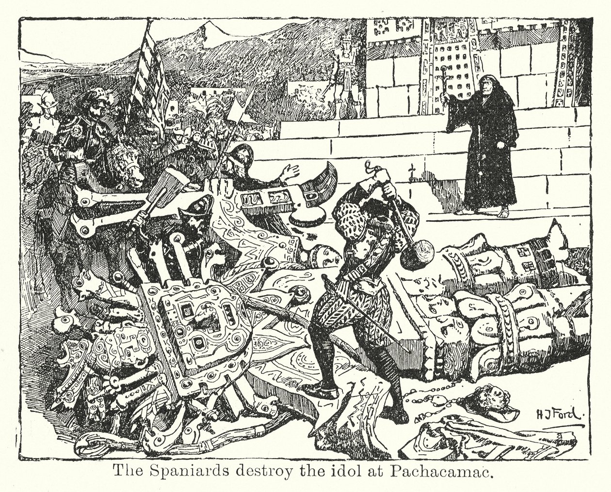 スペイン人がパチャカマックの偶像を破壊（リトグラフ） 作： ヘンリージャスティスフォード