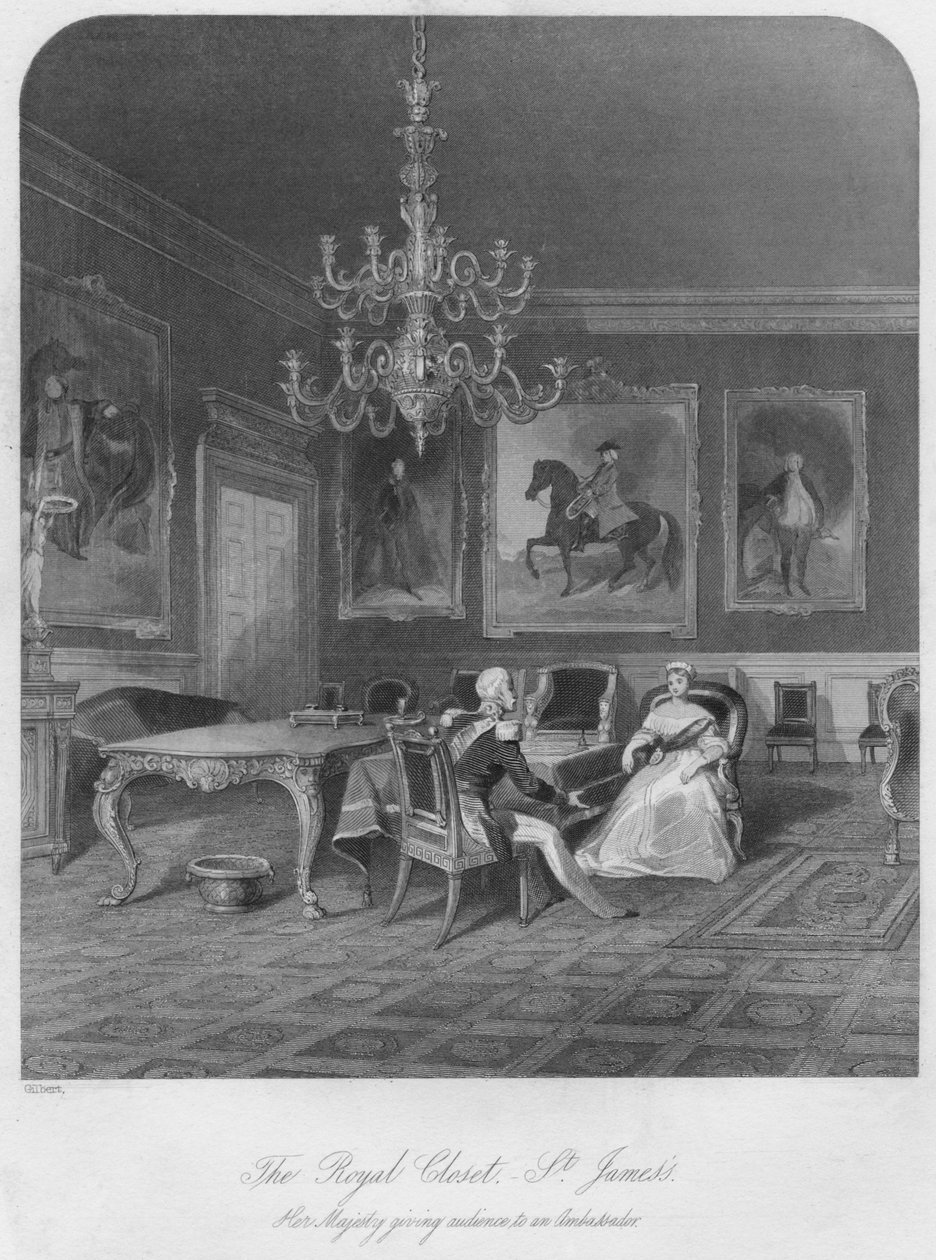 ロイヤルクローゼット。 -セントジェームス。大使に聴衆を与える女王陛下、c1841 作： ヘンリー・メルヴィル