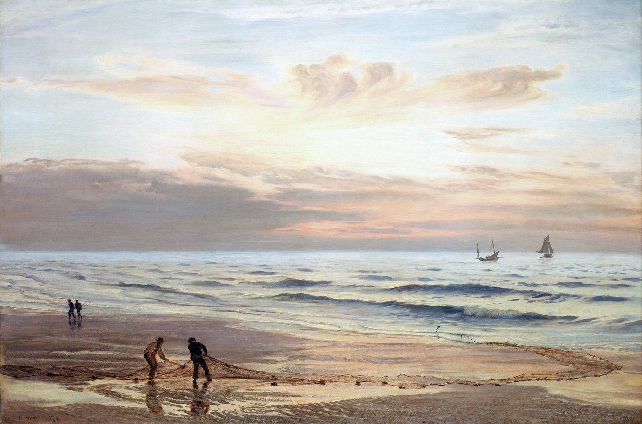 ウェールズ北部の海岸で網を引く漁師たち。キャンバスに油彩 作： ヘンリー・ムーア