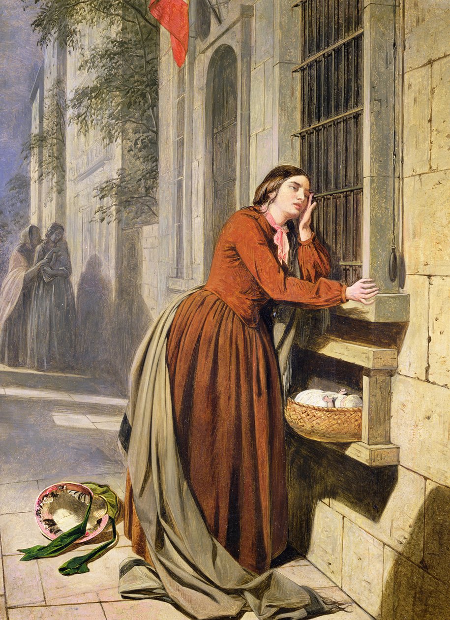 パリのファウンドリング病院に子供を預ける母親、c.1855-60（木に油彩） 作： ヘンリー・ネルソン・オニール