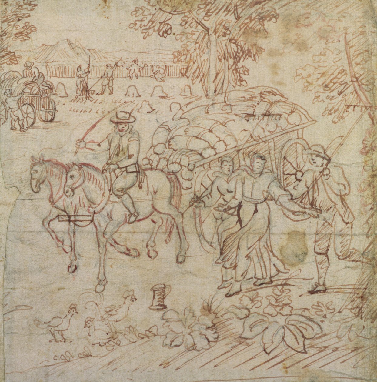 収穫機が家に帰る風景、c.1595-1605（紙にペンと茶色のインク） 作： ヘンリー・ピーチアム