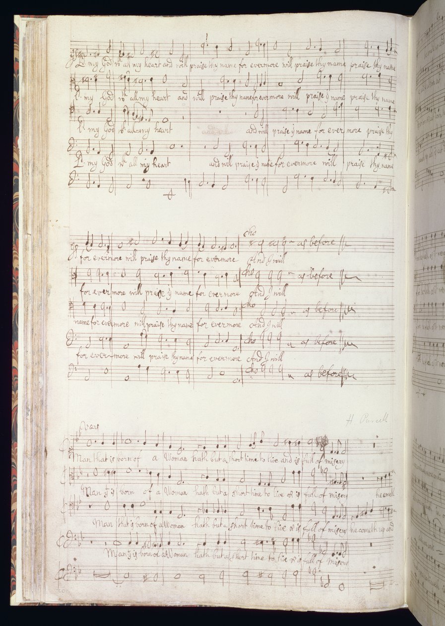 MU MS 88 f.102 "Man that is born of woman", ヘンリー・パーセル（1659-95）作曲・作詞によるイギリス賛歌集のページ（紙にインク） 1673年 作： ヘンリー・パーセル