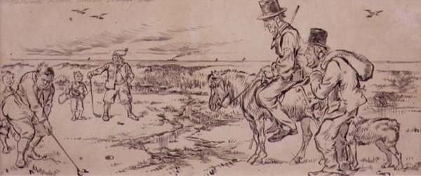 1870年頃に発行された雑誌「Graphic」のイラスト「The Difficult Putt」（リトグラフ）。 作： ヘンリー・サンダーコック