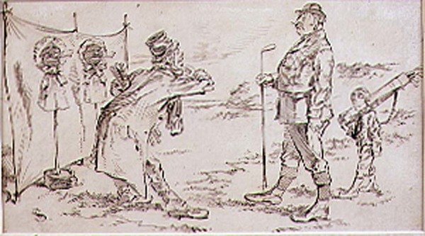 ゴルファーはセールスマンに悩まされ、イラストはグラフィック誌、パブに。 c、1870 作： ヘンリー・サンダーコック