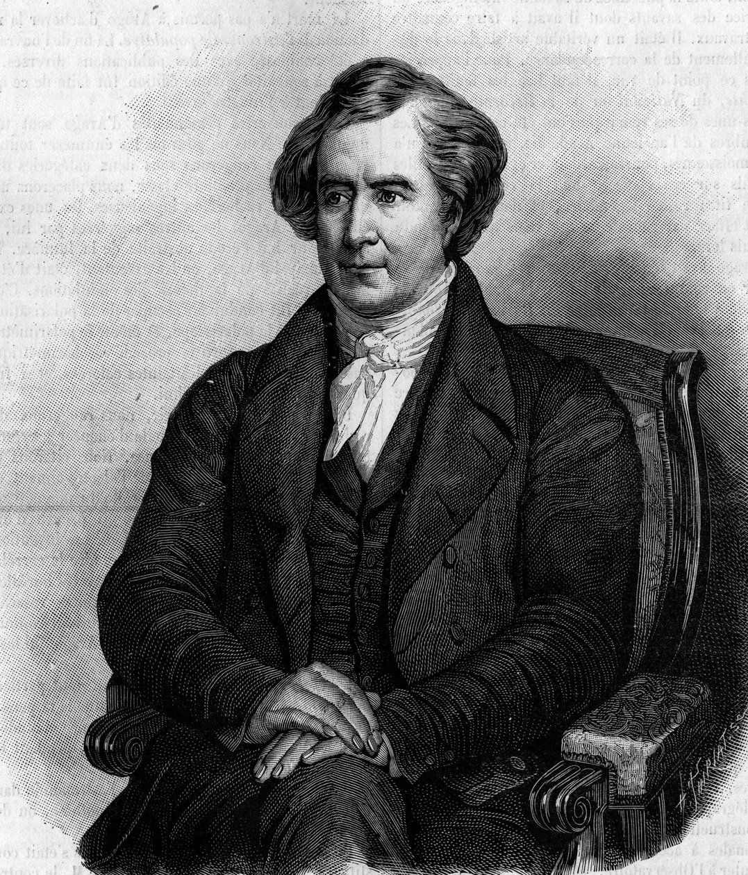 フランスの天文学者、物理学者、政治家であるフランソワ・アラゴ（1786-1853）の肖像。アンリ・シェフェールの絵より）。1886年3月6日の「La Nature: revue des sciences et de leurs applications aux arts et a l