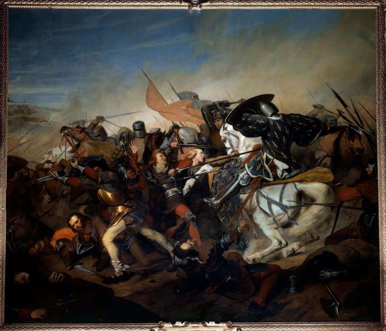 1328年8月23日のカッセルの戦いの眺め、ヴァロワ家のフィリップ6世がフランドル軍に勝利した時の眺め 絵画：ヘンリー・シェファー（1798-1862） 1837年 日曜。4,65x5,43 m ヴェルサイユ宮殿、城の博物館 作： ヘンリー・シェファー