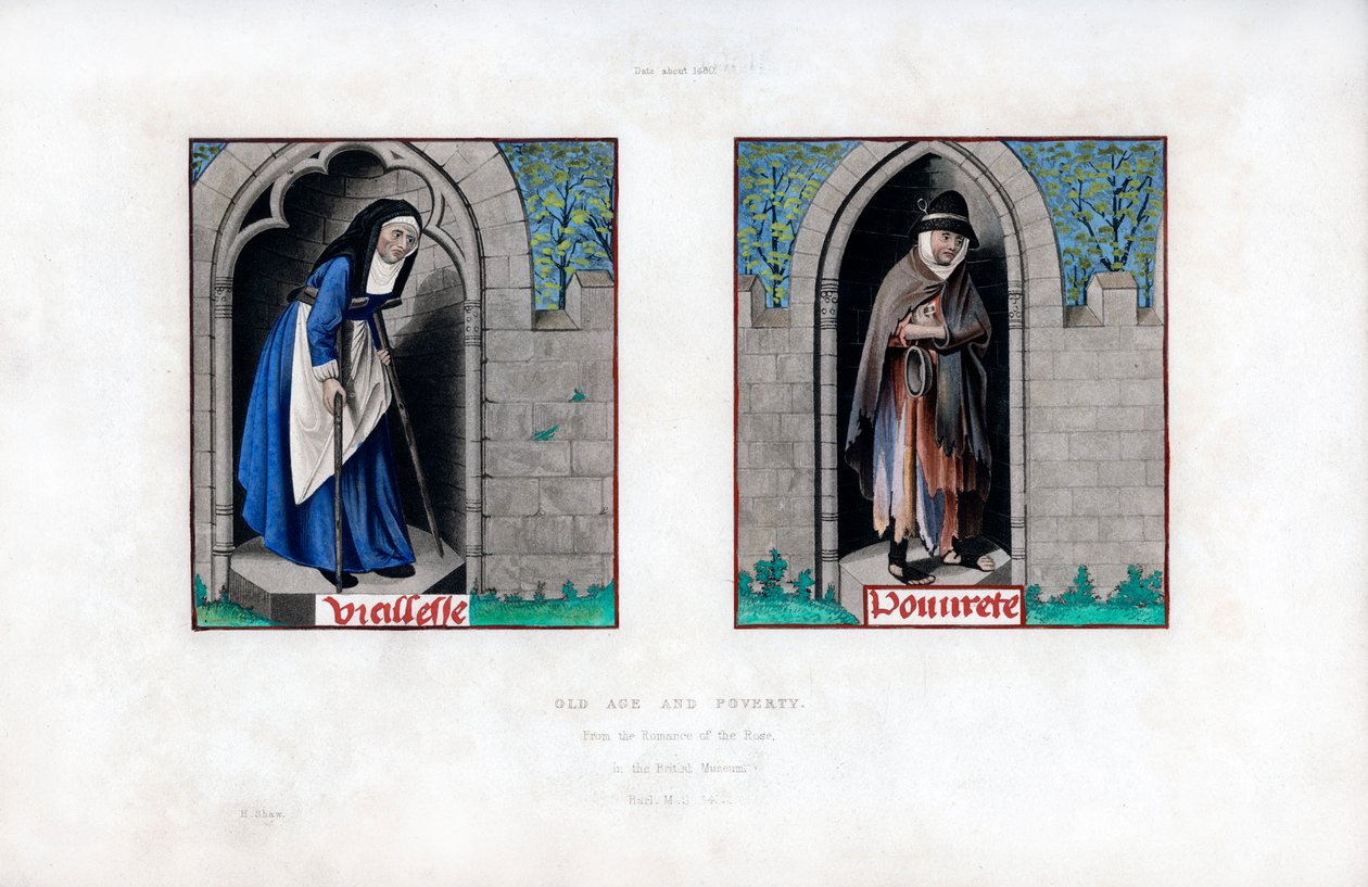老年と貧困、c1480、1843。 作： ヘンリー・ショー