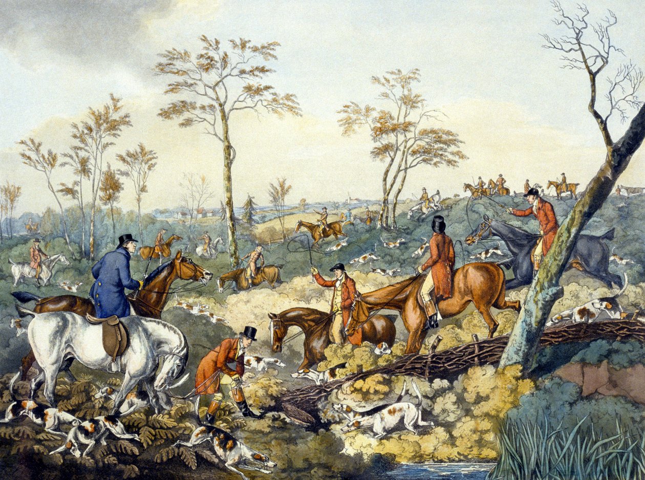トーマス・サザーランド（1785-1838）が彫った「Foxhunting」から「Drawing a Cover」（カラーリトグラフ）。 作： ヘンリー・トーマス（後）アルケン