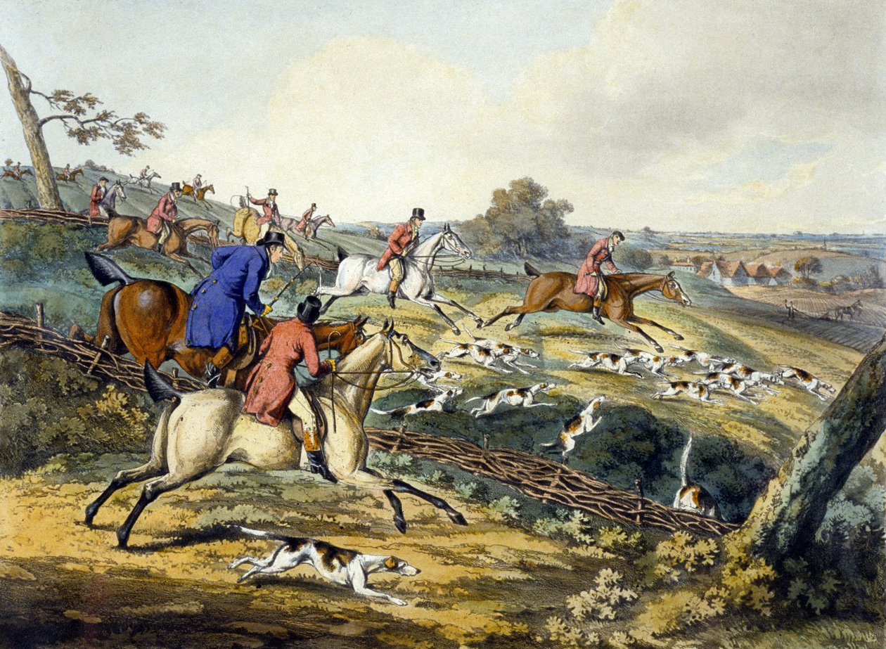 トーマス・サザーランド（1785-1838）が彫刻した「Foxhunting」の「The Full Cry」（カラーリトグラフ）。 作： ヘンリー・トーマス（後）アルケン