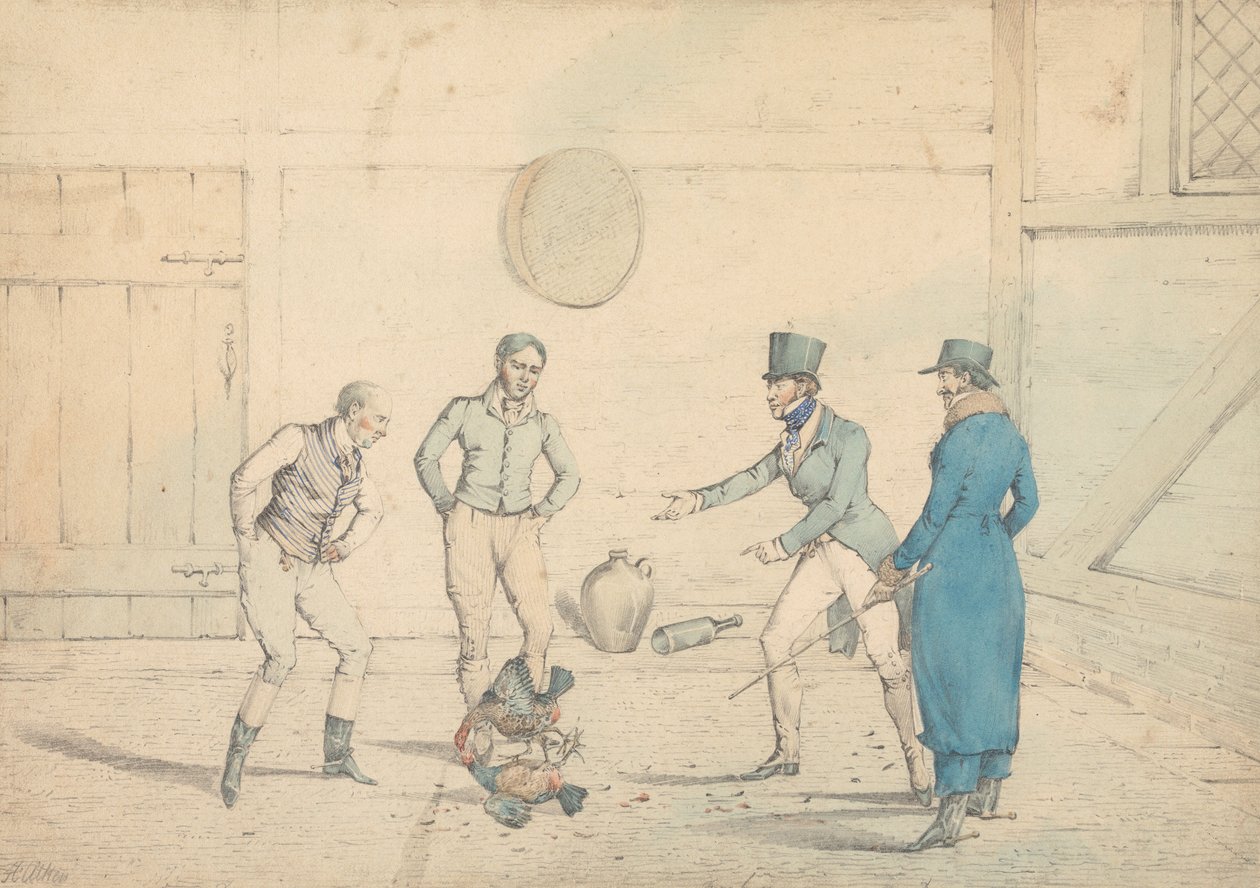 離れで4人の男が見守る闘鶏：戦い、"The National Sports of Great Britain"の図版39として版刻 作： ヘンリー・トーマス・アルケン