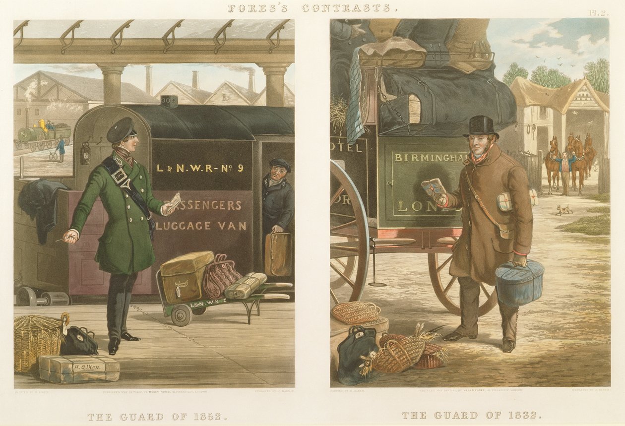 フォアのコントラスト：1832年の警備員、1852年の警備員、ジョンハリス（1811-65）1852（手塗りのアクアチント）によって彫刻 作： ヘンリー・トーマス・アルケン