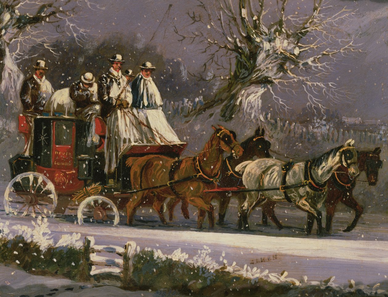 雪の中でロンドンからドーバーのコーチ 作： ヘンリー・トーマス・アルケン