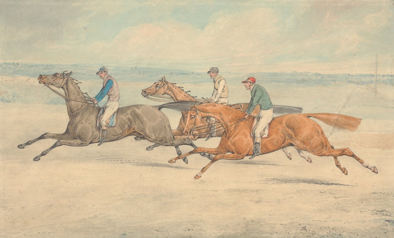 騎手を乗せた3頭の競走馬が、左側に向かって集団で疾走している 作： ヘンリー・トーマス・アルケン