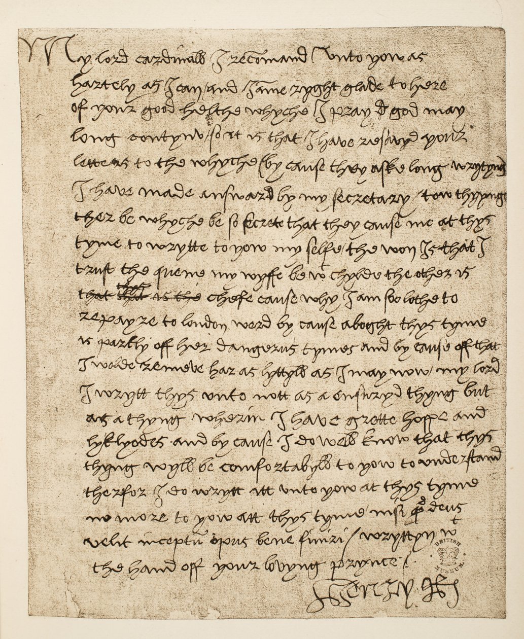 1518年7月付けのヘンリー8世からウォルジー枢機卿への手紙の複写。 1902（コロタイプ） 作： ヘンリー8世