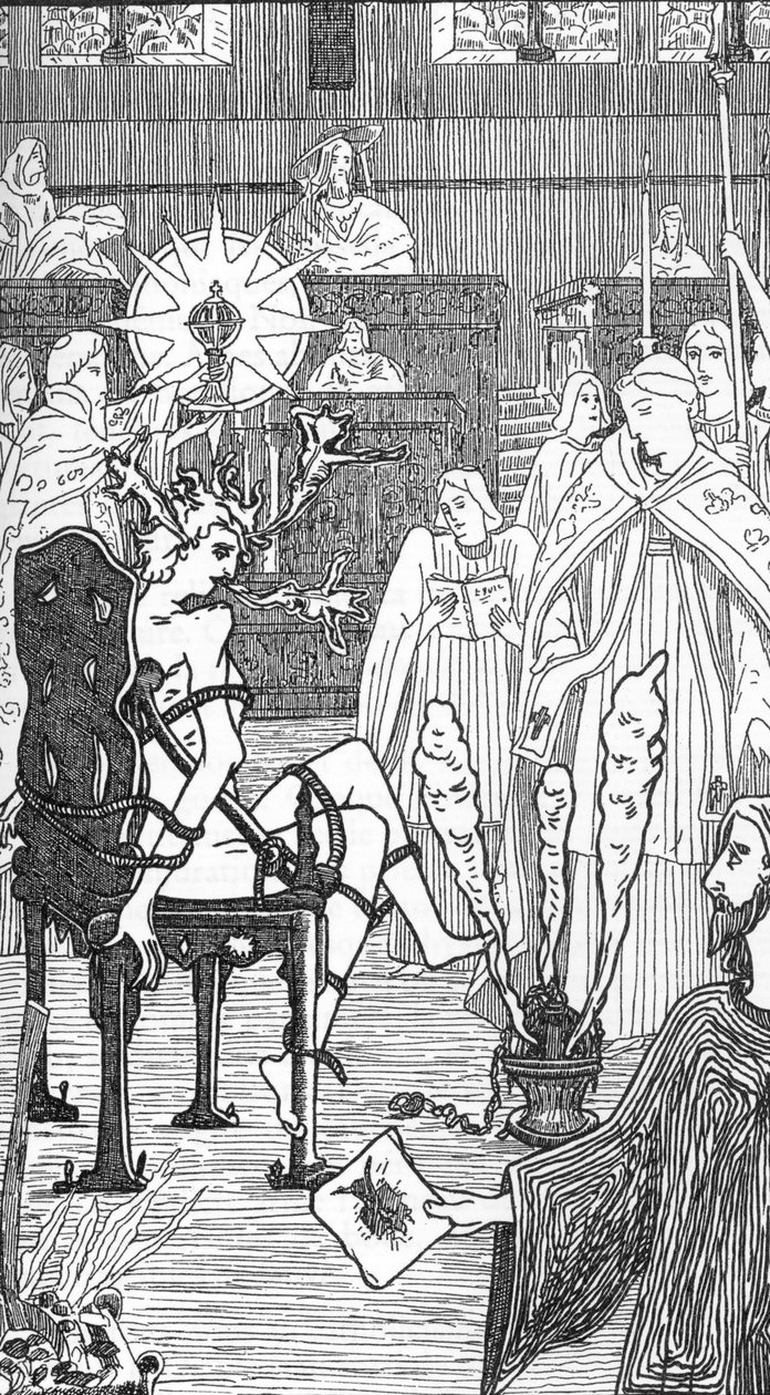 Representação de uma cerimônia de exorcismo Desenho de Henry de Malvost de “Satanismo e Magia” de Jules Bois 1895 Coleção particular 作： ヘンリー・デ・マルヴォスト