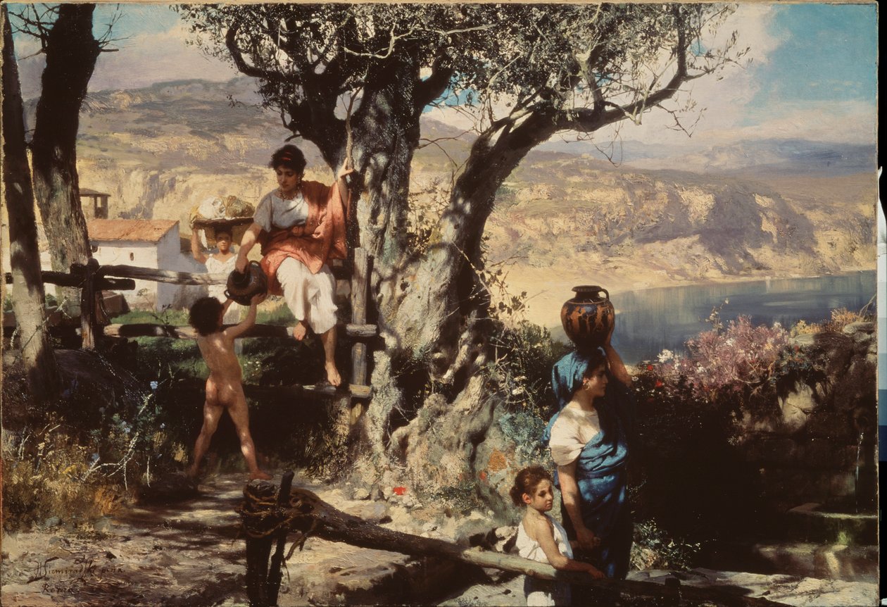 古代ローマ。 村で。 Henryk Siemiradzki (1843-1902) の絵画、キャンバスに油彩。 ポーランドの芸術 作： ヘンリク・シエミエラズキ